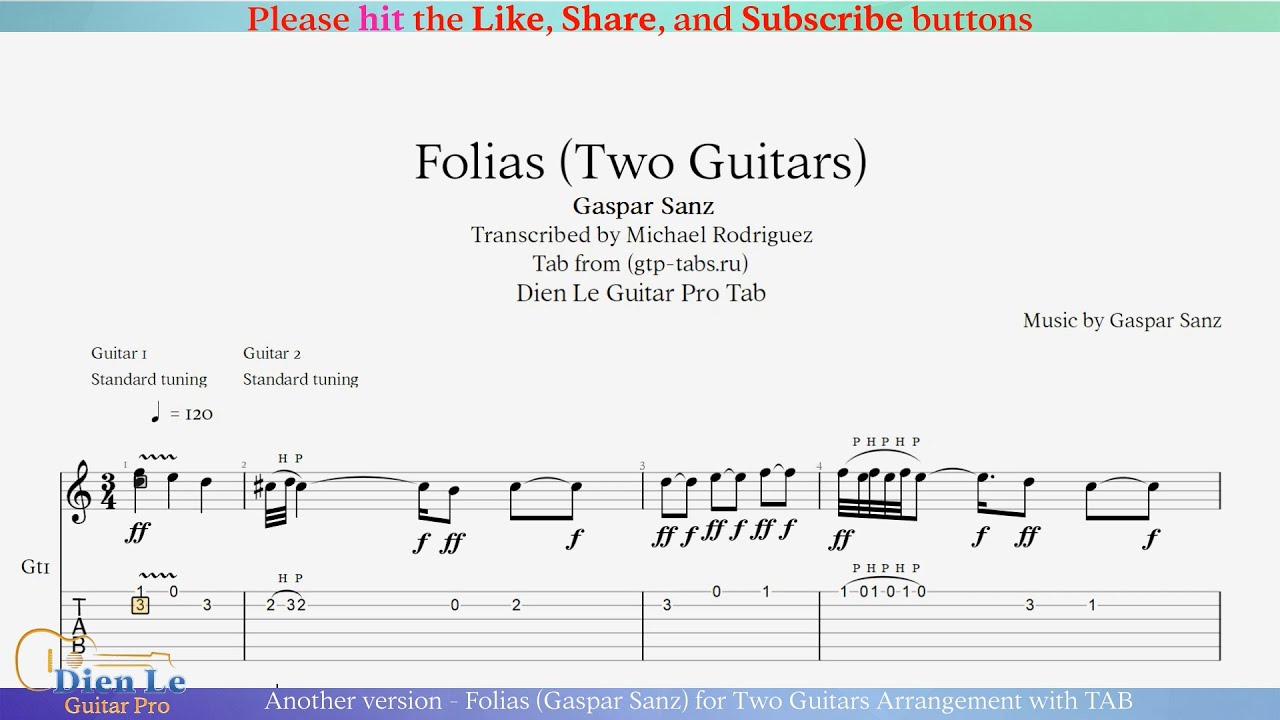 Another version - Folias (Gaspar Sanz) for Two Guitars Arrangement with TAB