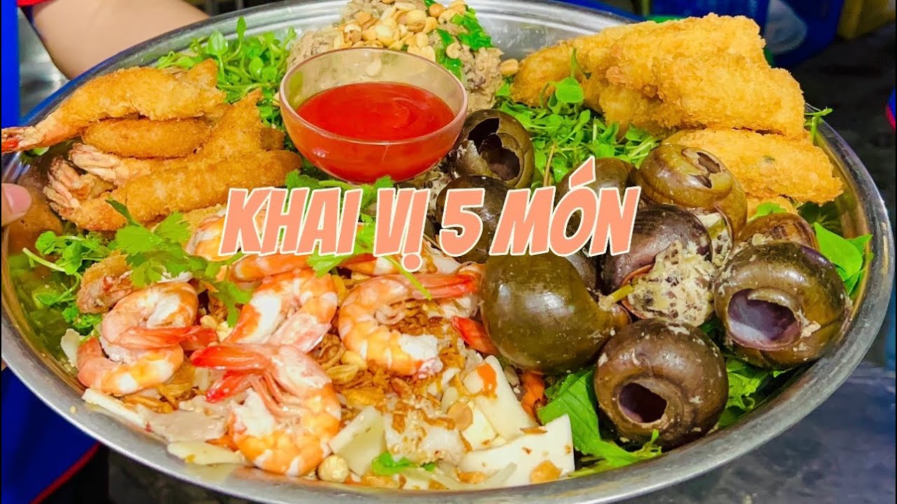 Món ngon đãi tiệc 70 khách khai vi 5 mon:chả đùm,gỏi tôm thịt, ốc nhồi thit, tôm chiên,  chả giò…