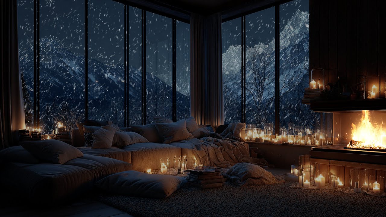 Gentle Winter Snow Around Warm Firelight ❄️ A Calm Space for Focus and Ease