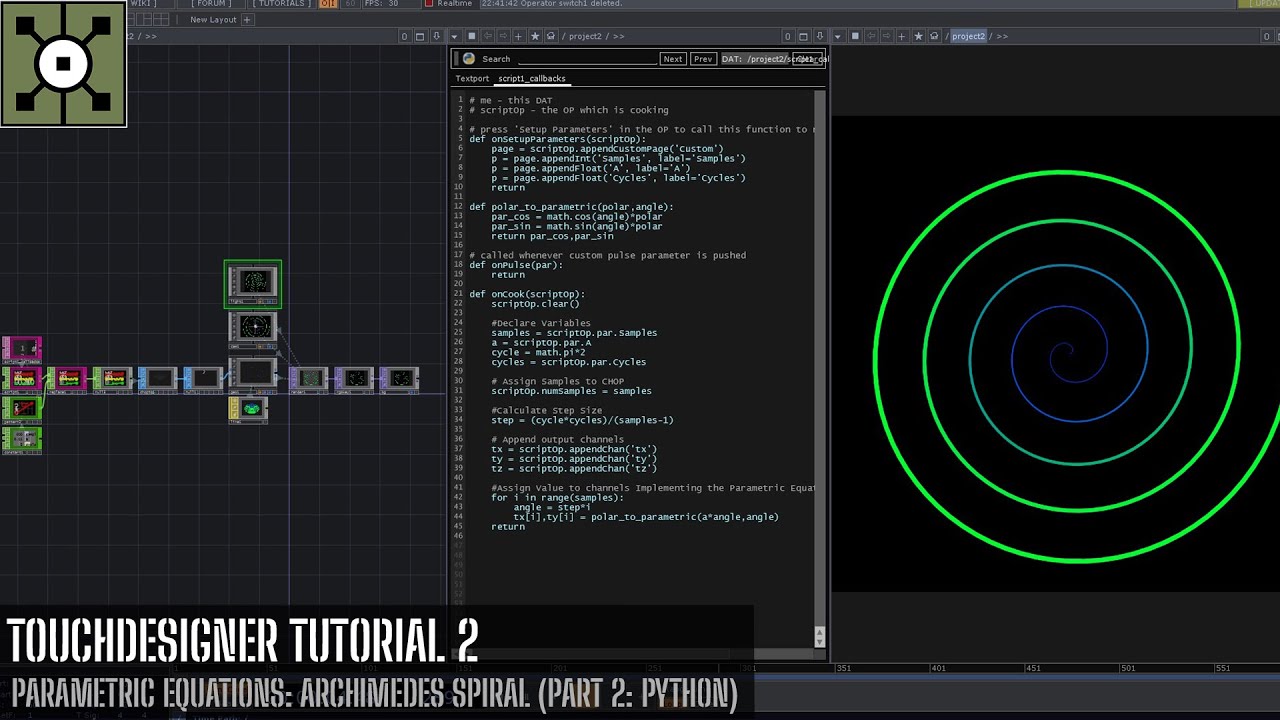 TouchDesigner Tutorial 2 - Parametric Equations: Archimedes Spiral (Part 2: Python)