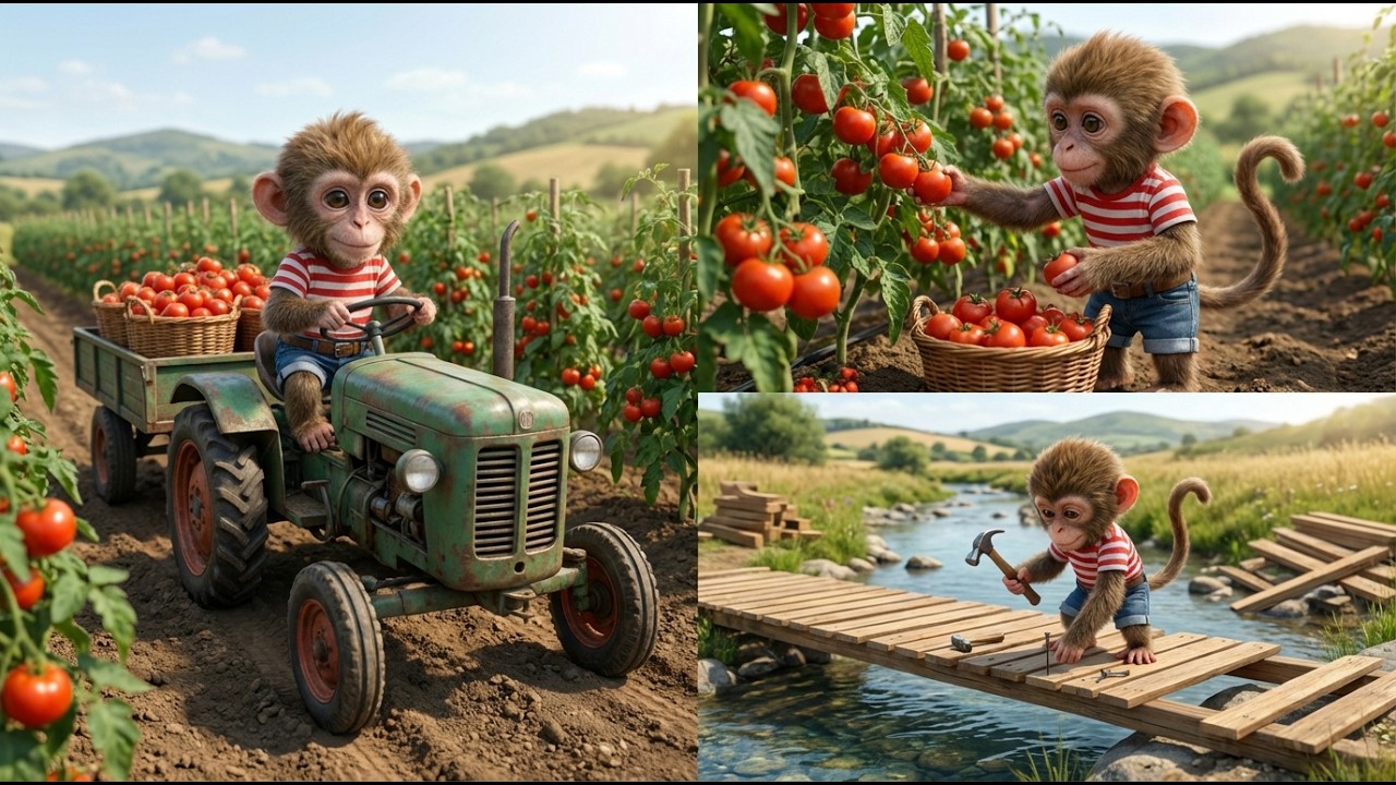 Monkey Lulu drives a tractor, harvests tomatoes, and builds a wooden bridge across the river! 🐒🚜