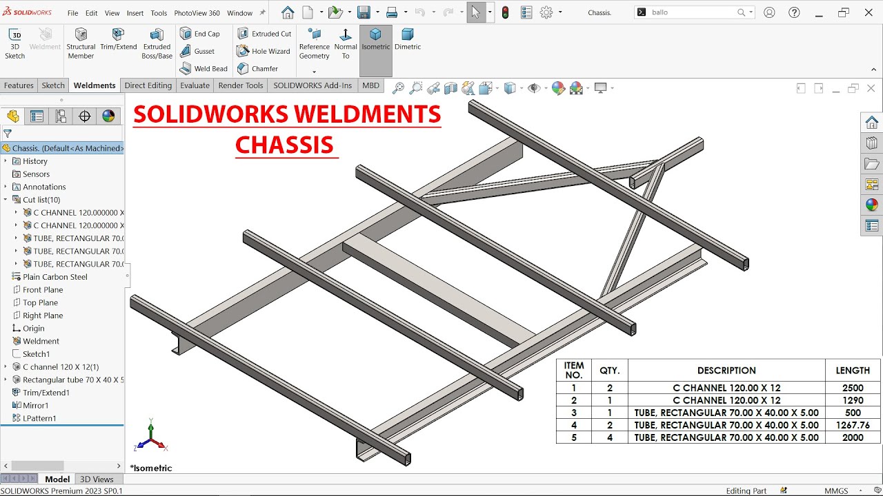 SolidWorks Weldments tutorial-CHASSIS with Drawing