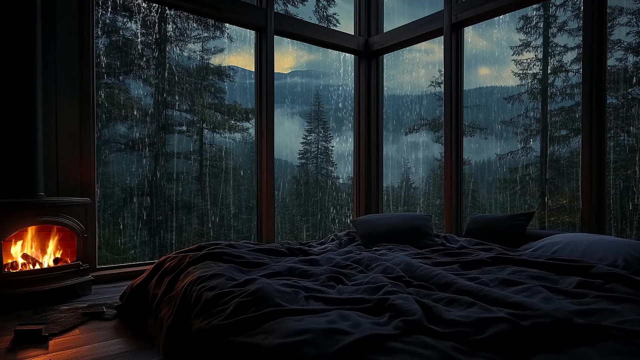 🌫️ Tranquil Rainy Evening in a Warm Bedroom | Rain Outside Window & Crackling Fire | Deep Rest