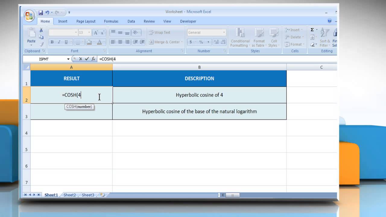 How to use the COSH Function in Excel :Tutorial