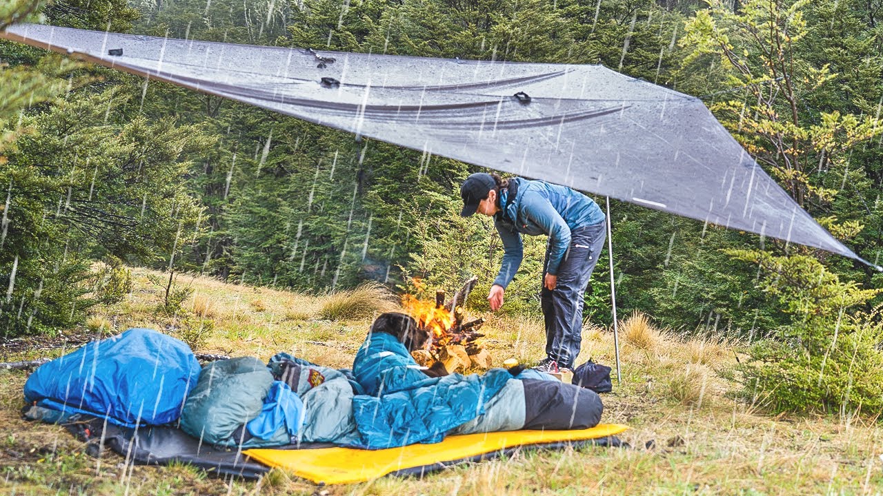 Tarp Camping in the Rain with my Dog (cozy warm campfire)