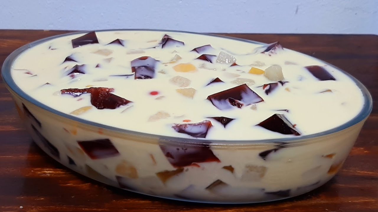Postre fácil con gelatina fruta en almíbar y crema /Cocina con Jenny