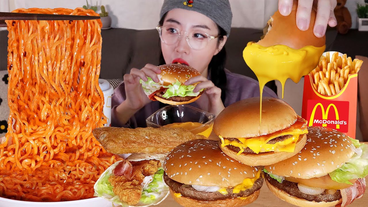 맥도날드 더블치즈버거🍔치즈퐁듀에찍어 불닭볶음면과 먹방 쿼터파운더,1955버거McDonald's Cheese Burger,Buldak stir-fried noodle mukbang