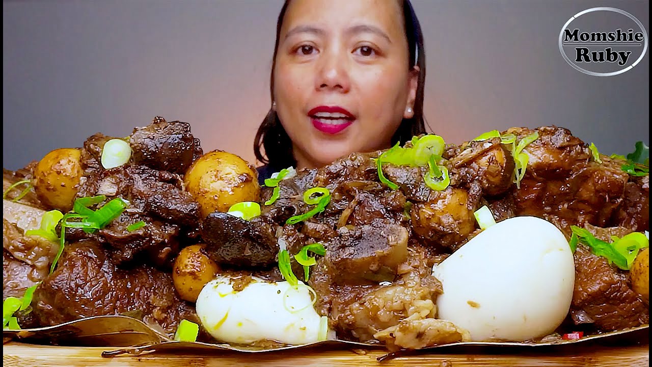 BRAISED ADOBO PORK BEEF CHICKEN | MUKBANG ASMR | FILIPINO FOOD | MOMSHIE RUBY | ALFIE EATS