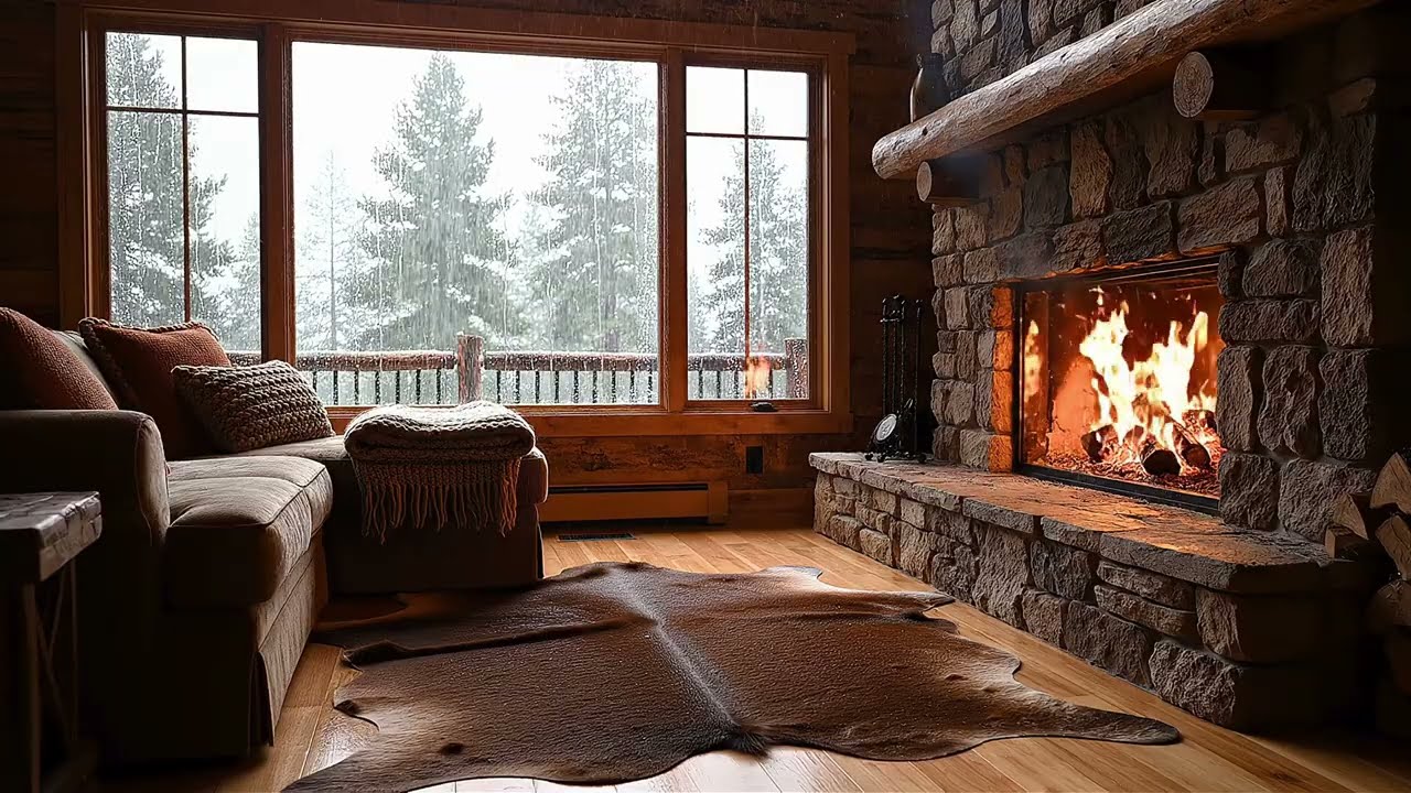 Cozy Cabin Ambience: Rain on Window & Crackling Fireplace Sounds for Sleep & Study