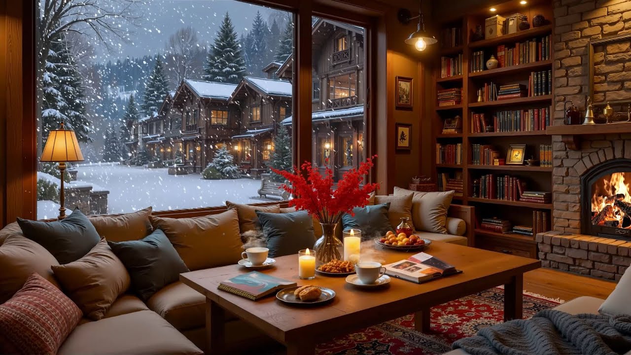 Уютное зимнее утро в кафе ❄️ Комфортная джазовая музыка и звуки камина для учёбы