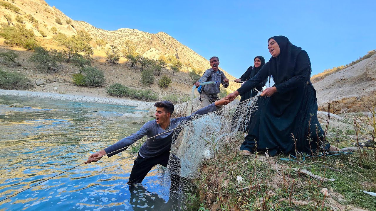🎣 Fishing in the Rushing River 🌊 by Soghra and Her Son Mehran 👩‍👦🐟