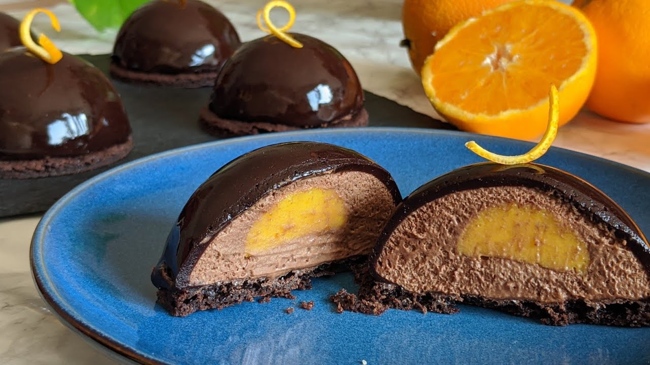 Chocolate Mousse Domes with Orange Insert and Chocolate Mirror Glaze | Chocolate and Orange Dessert