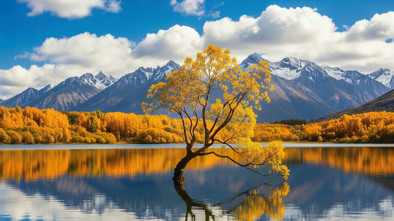 Tranquil Vista: A Crooked Tree Reflected in Still Waters