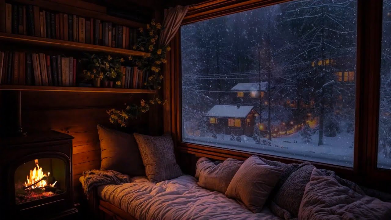 ❄️📚 Rinc&oacute;n de Lectura Invernal | Chimenea & Nieve Afuera con Ambiente de Caba&ntilde;a para Relajarse 🔥🌨️