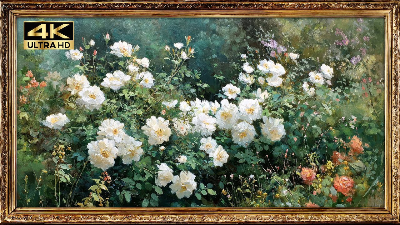 White Roses Cottage Gardens Vintage Oil Paintings | Screensaver 4K