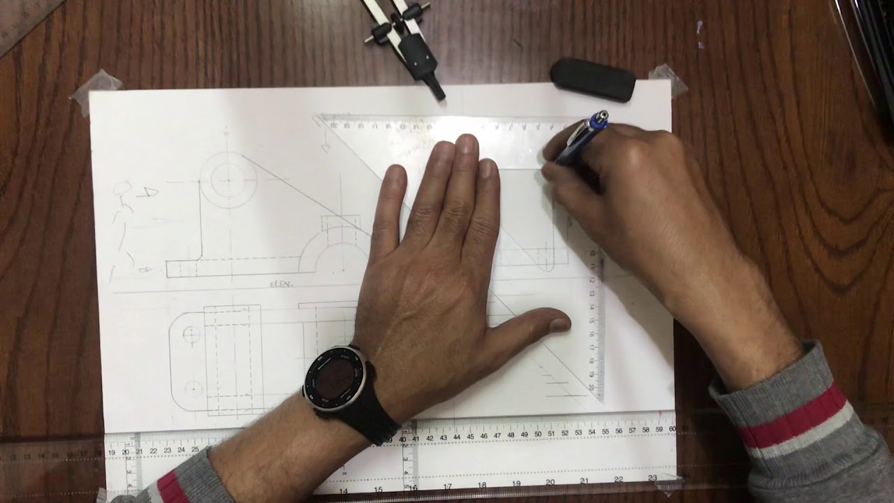 رسم هندسي ،، استنتاج المسقط التالت والتهشير 