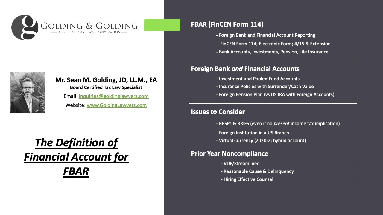 Financial Account (FBAR) Definition FinCEN Form 114 - Golding & Golding, International Tax Lawyers