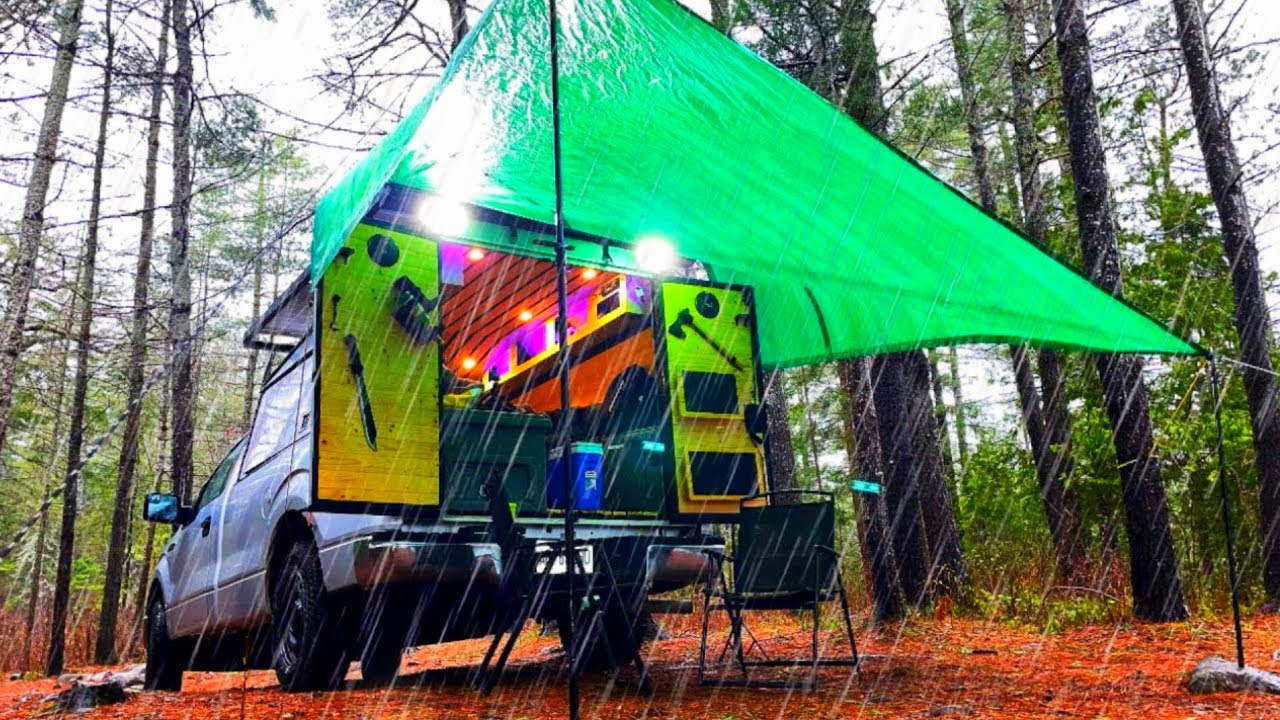 Heavy Rain Truck Camping with High Winds and Cooking Tacos