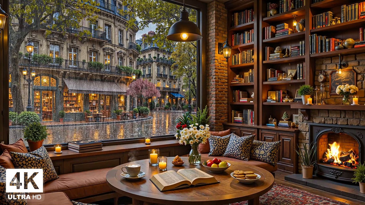 Rainy March Coffee Shop Ambience ☕ Smooth Spring Jazz & Fireplace Glow for Study & Work