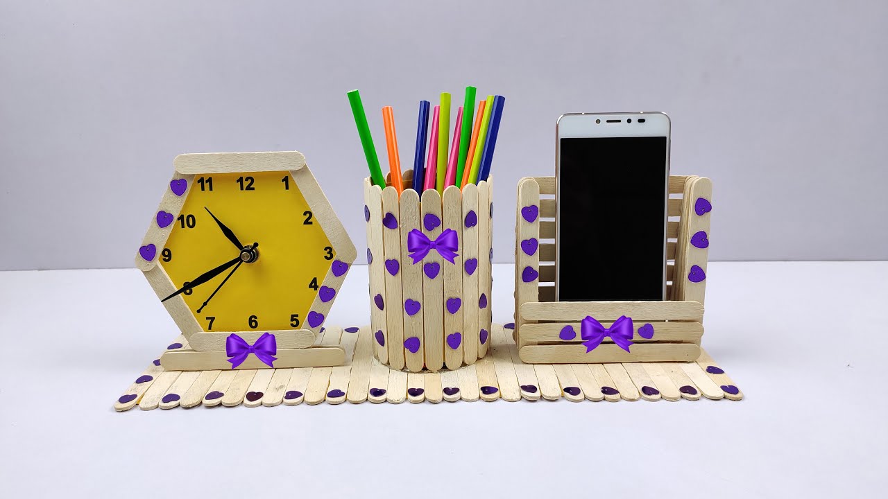 DIY Pen Stand, Mobile Phone Holder and Clock with ice cream sticks | Popsicle Sticks Craft Ideas