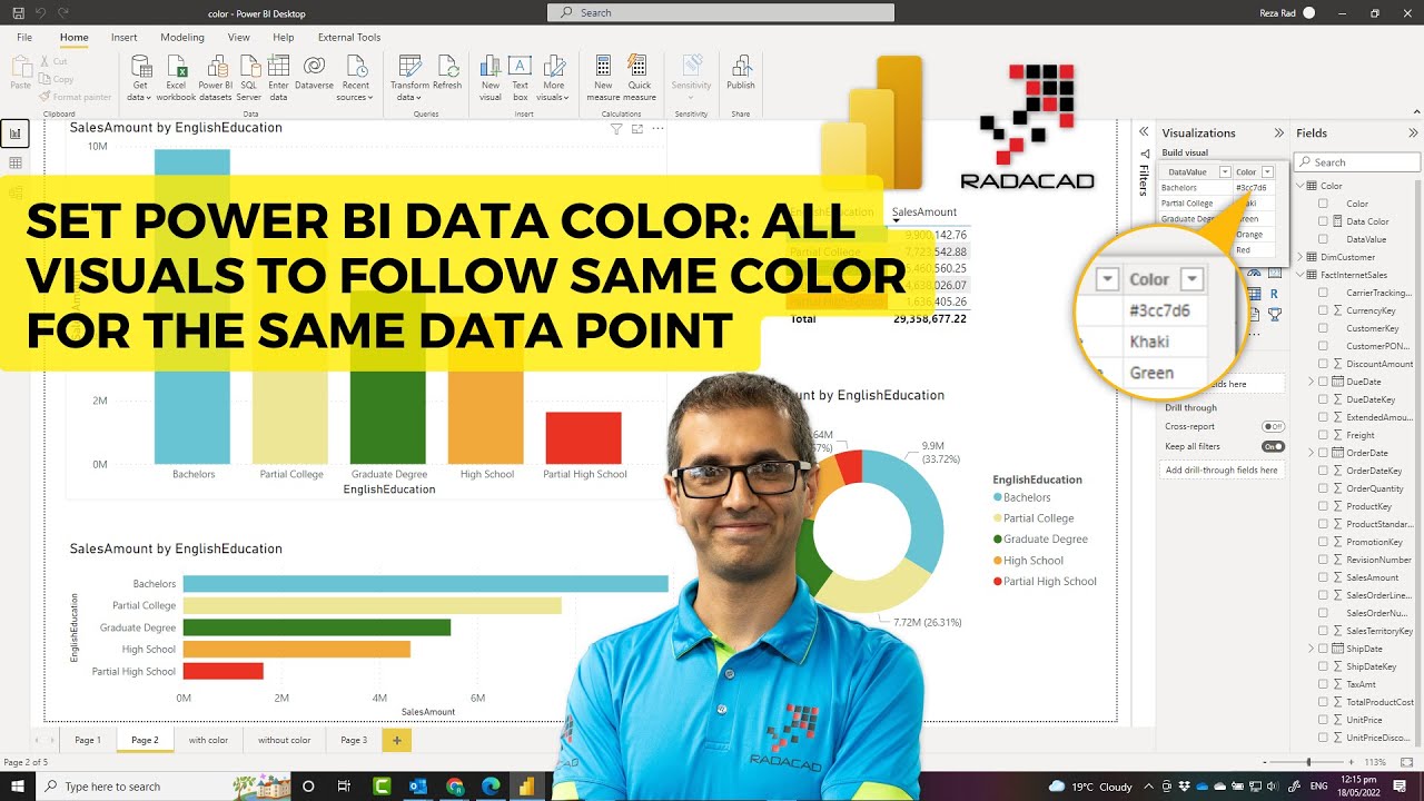 Установить цвет всех визуальных элементов Power BI так, чтобы они соответствовали одному цвету дл...