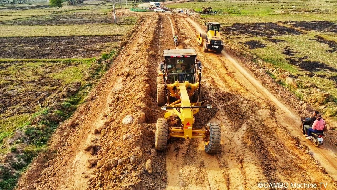 Excellent Operator Motor Grader Spreading Red Gravel Building Sub Base New Roads Foundation