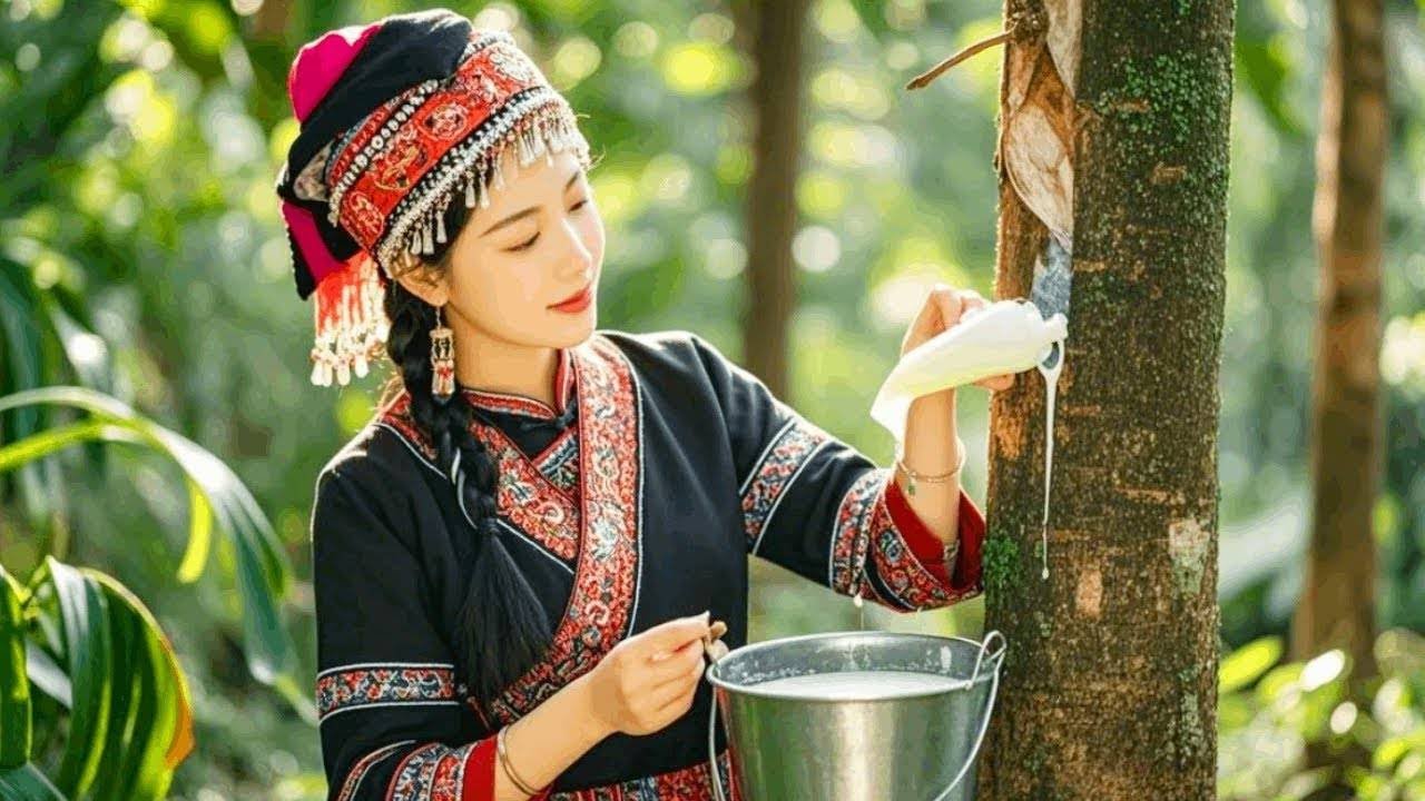 Oriental beauty collects white rubber from rubber trees