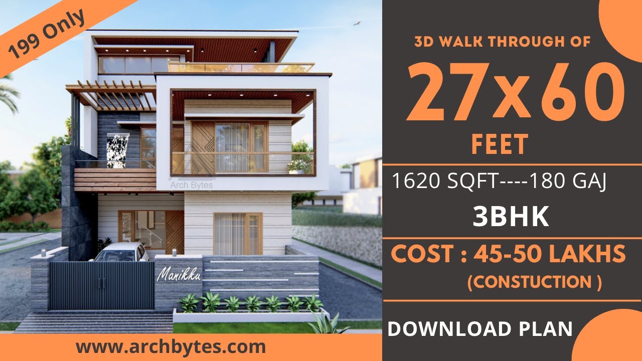 27x60 House Design 3D | 1620 Sqft | 180 Gaj  | 3 BHK | Modern  Design | Terrace Garden | 8x18 Meters