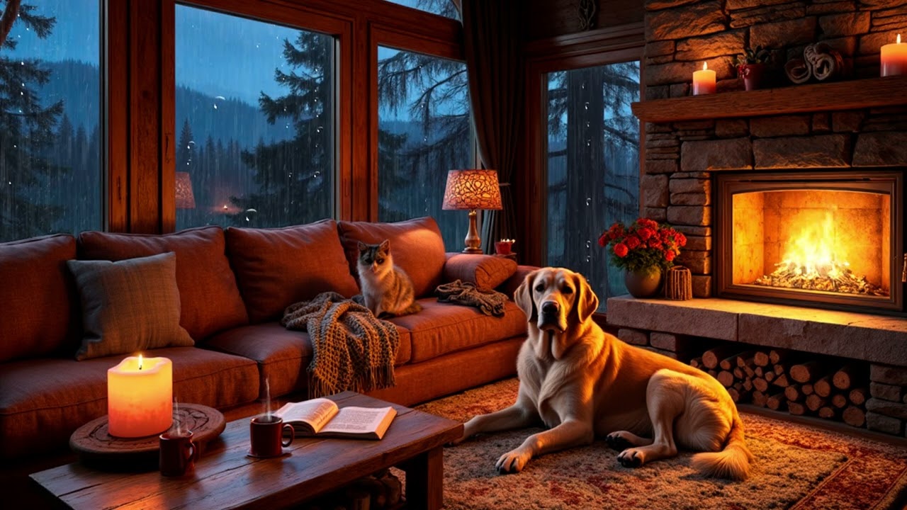 Soft Rain Outside the Woodland Cabin | Fireplace Glow & Two Dogs at Rest