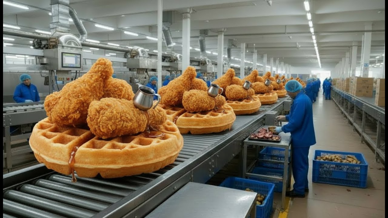 Inside the Modern Chicken & Waffle Factory | Large-Scale American-Style Production Process