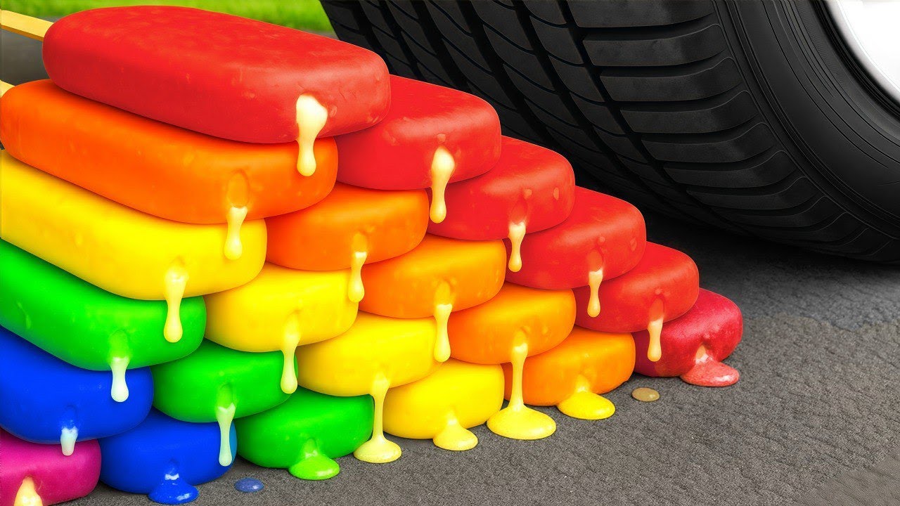 Crushing Experiments! &Car vs Crunchy Rainbow Giant Crispy Ice Cream Pyramid & Soft Things By Car