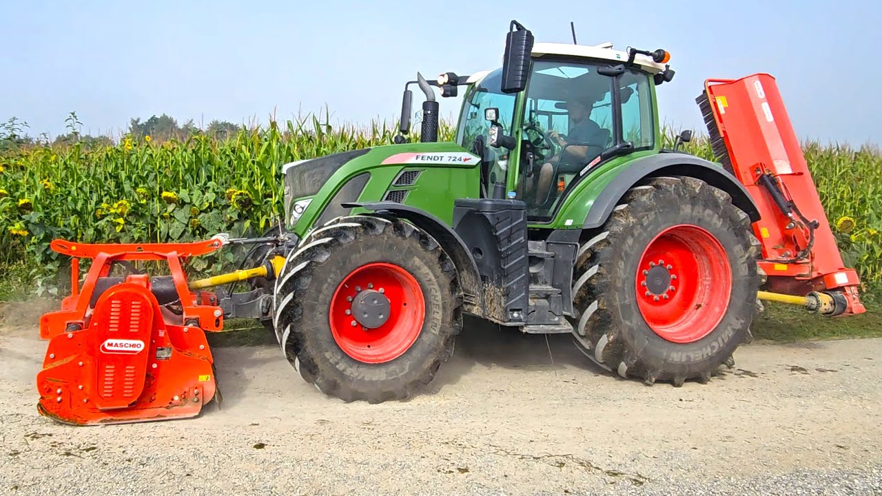 Fendt 724 Vario mit  2 x MASCHIO Mulcher bei Acker & Feldwege pflegen 2024
