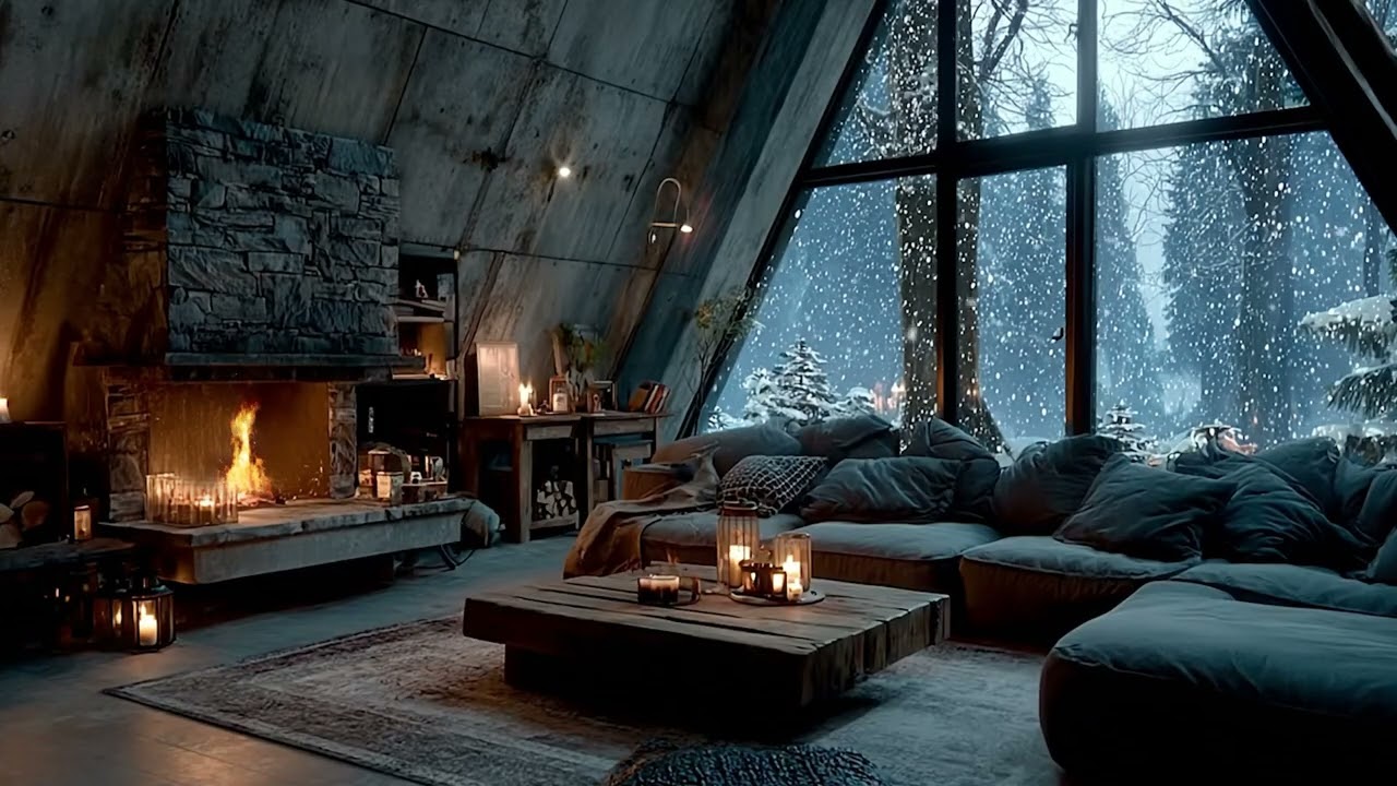 Warm Fireplace  Relaxing Holiday Ambience with Snowfall