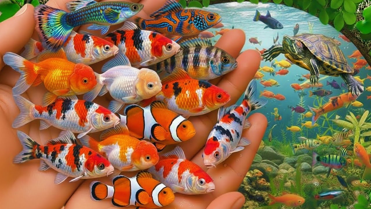 Catch beautiful aquarium fish in small pond baby turtle, eel, koi, pencil fish, cute fish, guppies