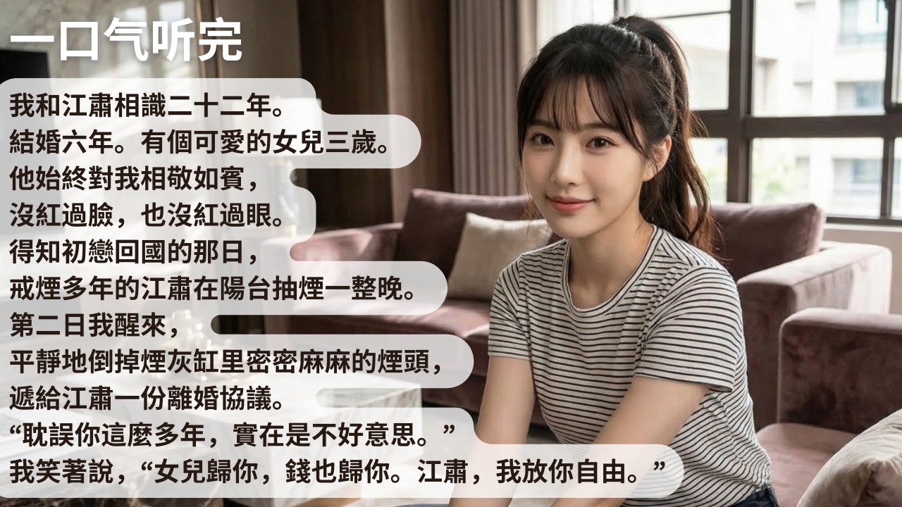 【完結】我和江肅相識二十二年。結婚六年。有個可愛的女兒三歲。他始終對我相敬如賓，沒紅過臉，也沒紅過眼。得知初戀回國的那日，戒煙多年的江肅在陽台抽煙一整晚【30分鐘聽完全文】#一口氣看完 #完結 #小說