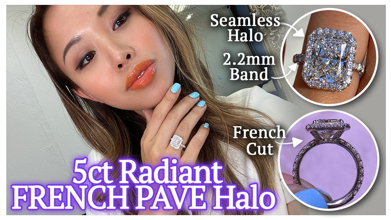 French Cut Pave Halo | 5ct Elongated Radiant cut Halo Diamond Ring