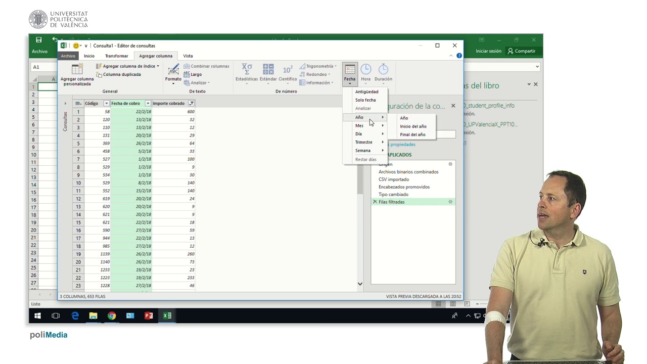 Excel. Power Query. Importar varios ficheros csv, filtrar datos, añadir columnas de fecha |  | UPV