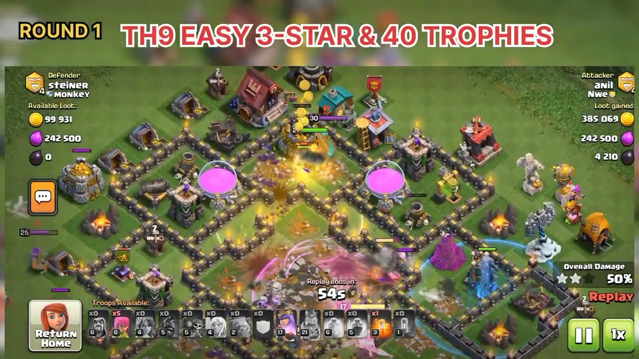 TH9 Easy 3 Star & 40 Trophies Strategy | Round 1 (Trophy Push Series)
