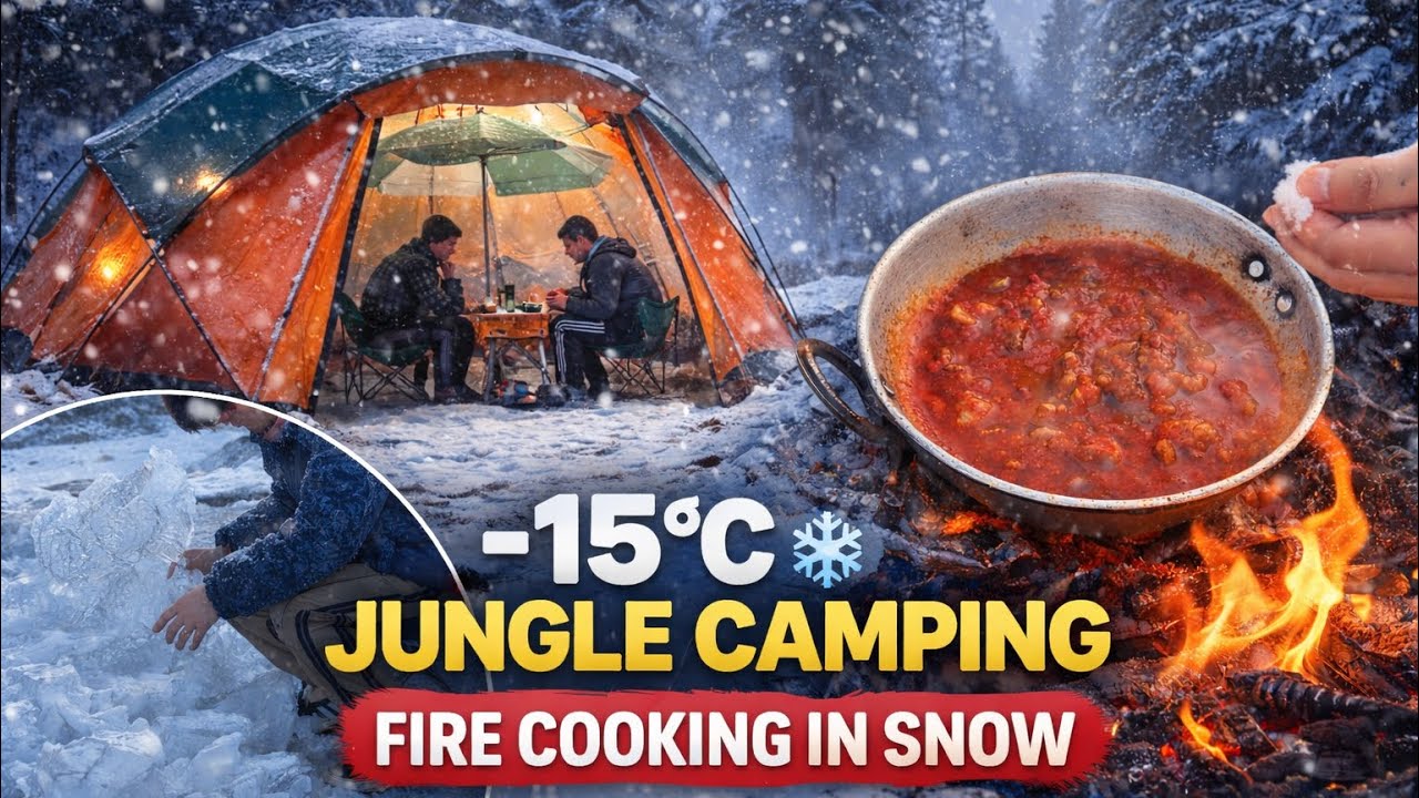 -15c ❄️winter camping heavy Snow.Rotisserie mutton Snow Storm ASMR ￼