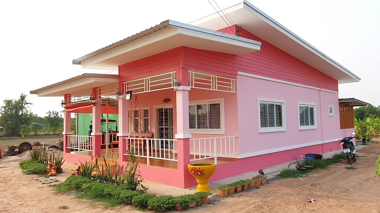 สุดสวยบ้านโมเดิร์นสีชมพู 2 ห้องนอน 1 ห้องน้ำ 1 ห้องครัวระเบียงด้านหน้า
