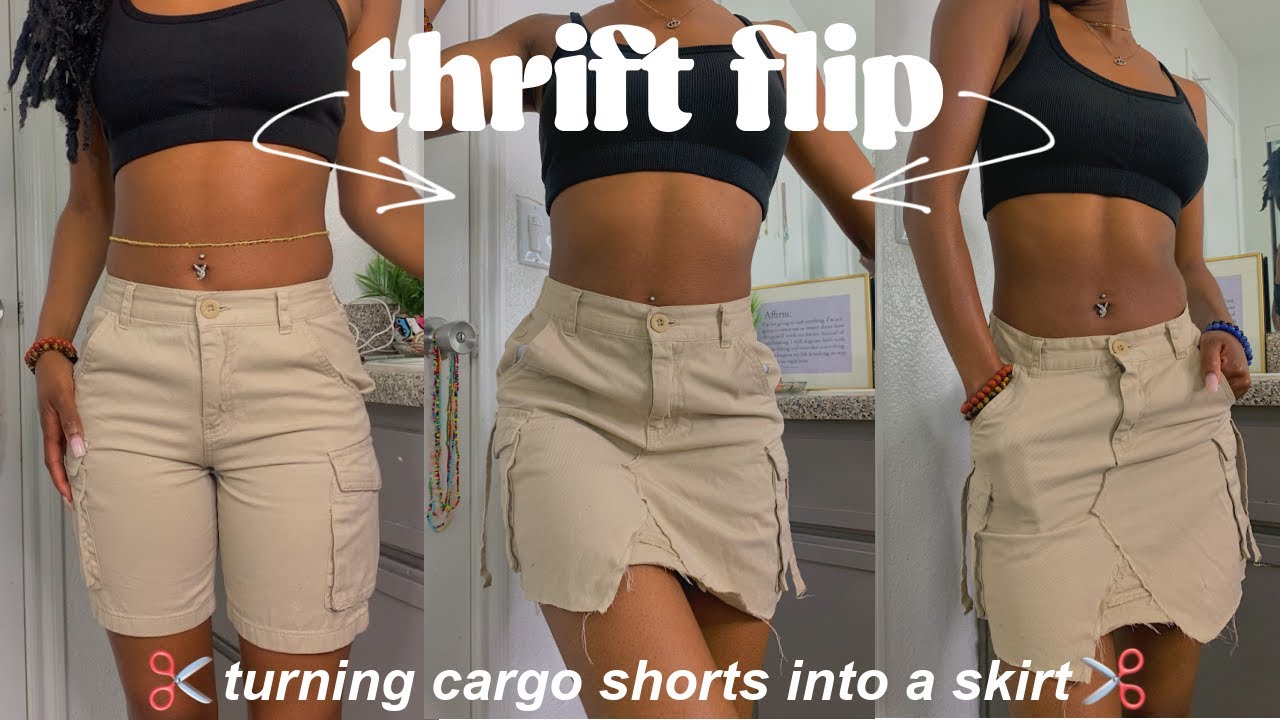 THRIFT FLIP ♡ turning cargo shorts into a skirt *very chaotic*