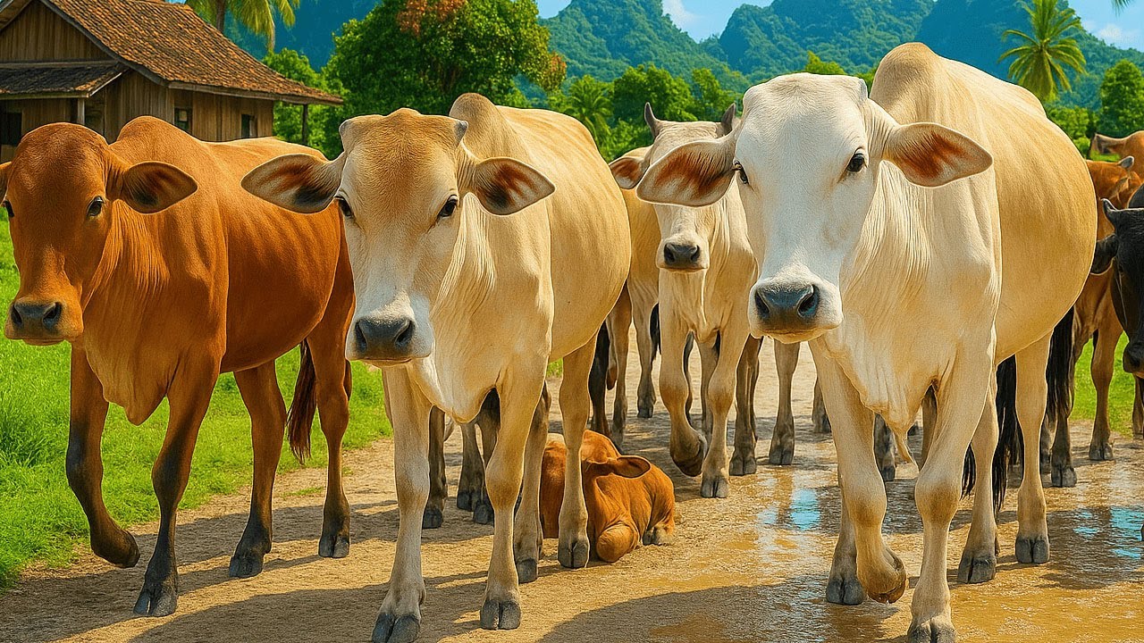 Kerumunan Sapi kampung Beraktivitas di ladang rumput hijau, Suara Sapi Moo, Sapi Lucu Melompat