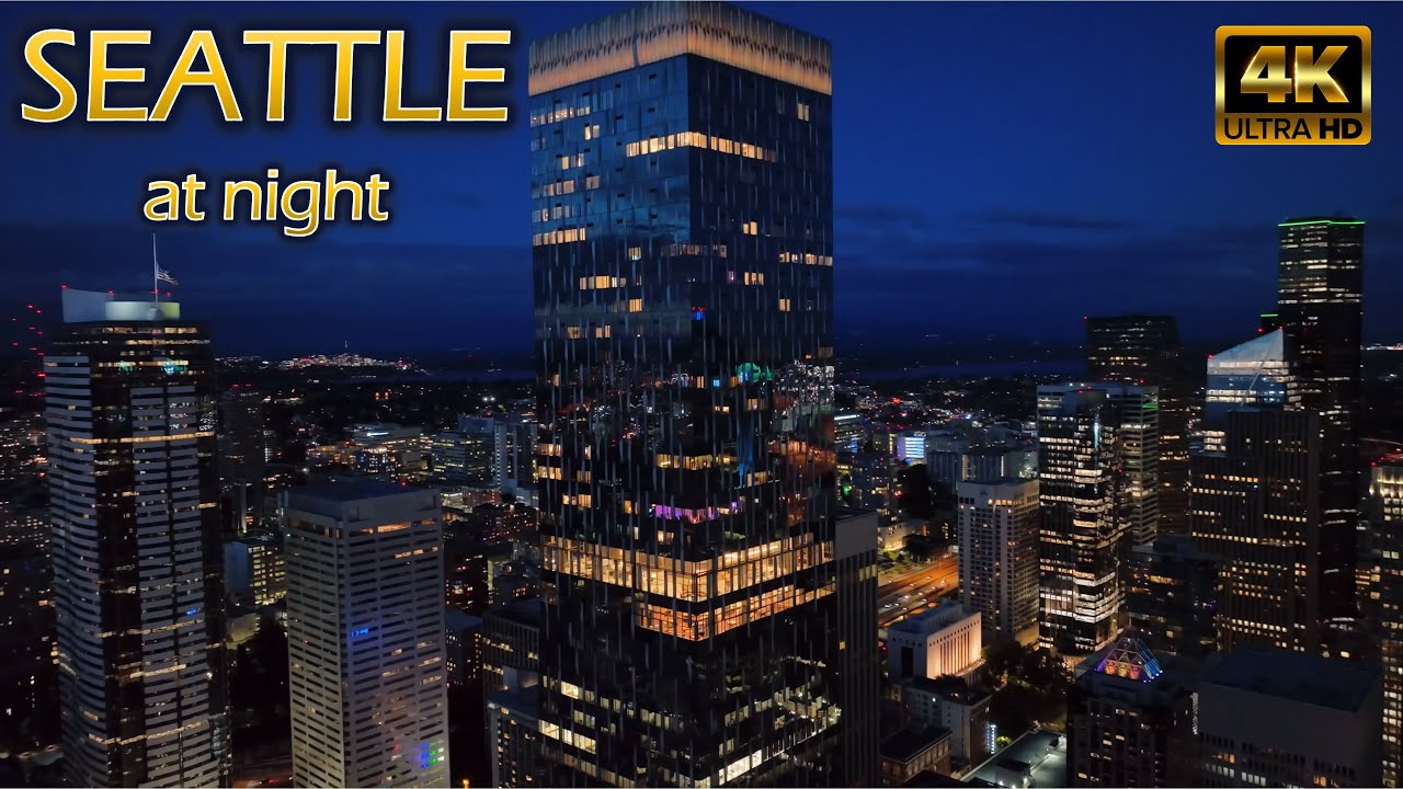 Flying Over Night Seattle [4K] July 2022 - Drone Video