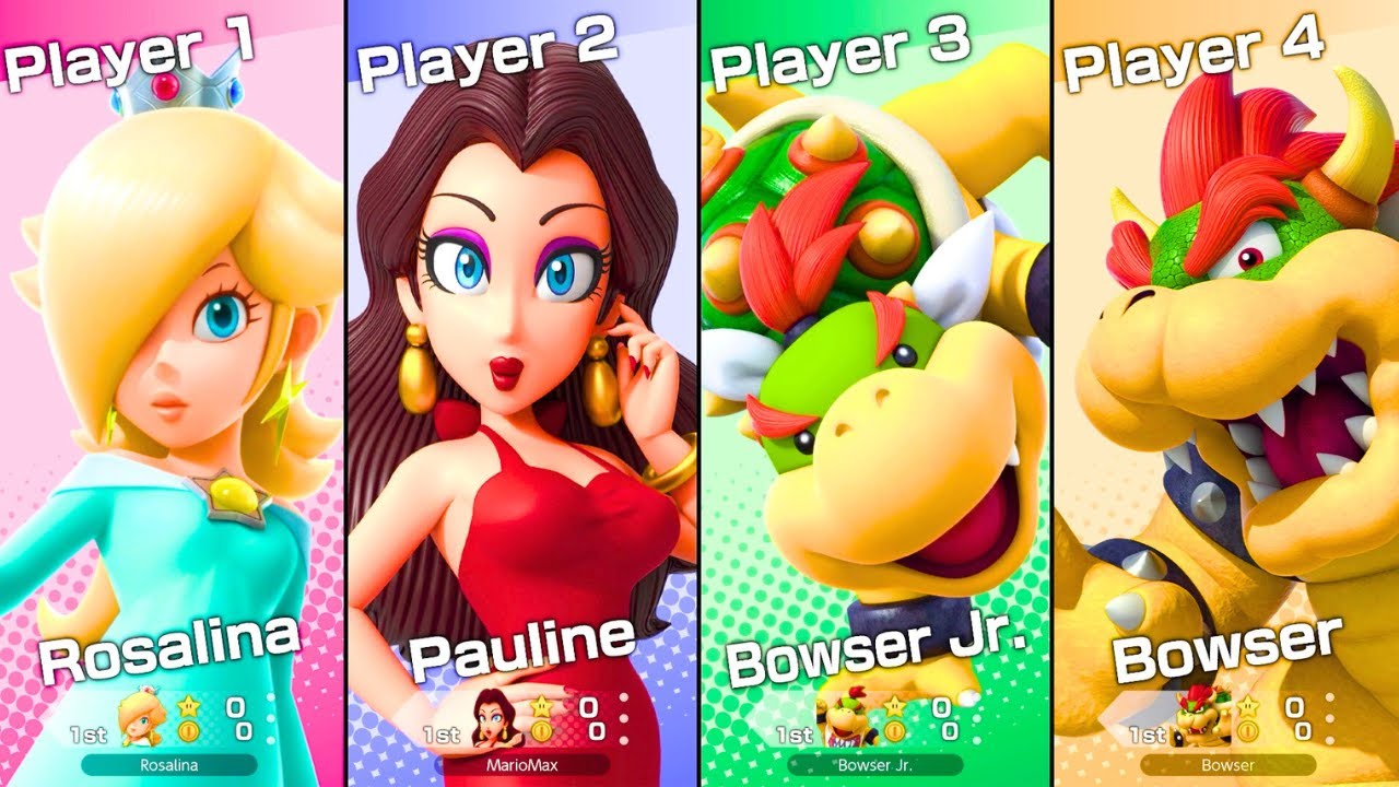 Super Mario Party Jamboree - Rosalina vs Bowser Jr. vs Pauline vs Bowser (Rainbow Galleria)