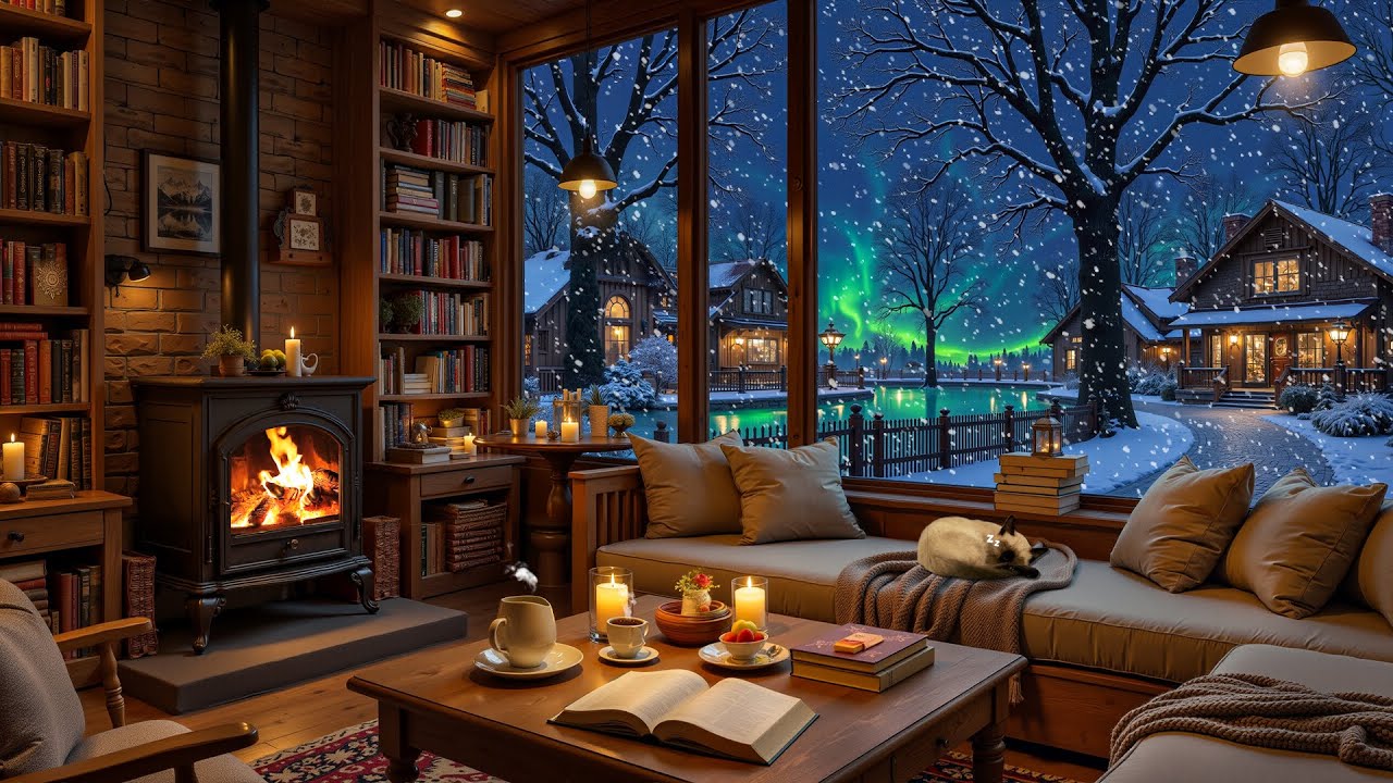 Cozy Winter Jazz Café ☕🔥 Soft Piano & Fireplace Sounds for Studying and Working