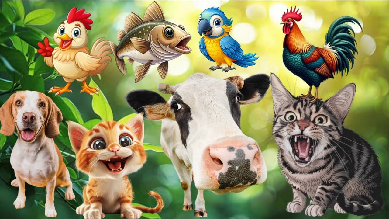 Cute Farm Animals : Cow, Dog, Chicken, Cat, Fish, parrot // Animal Funny Sound // Animal movements 