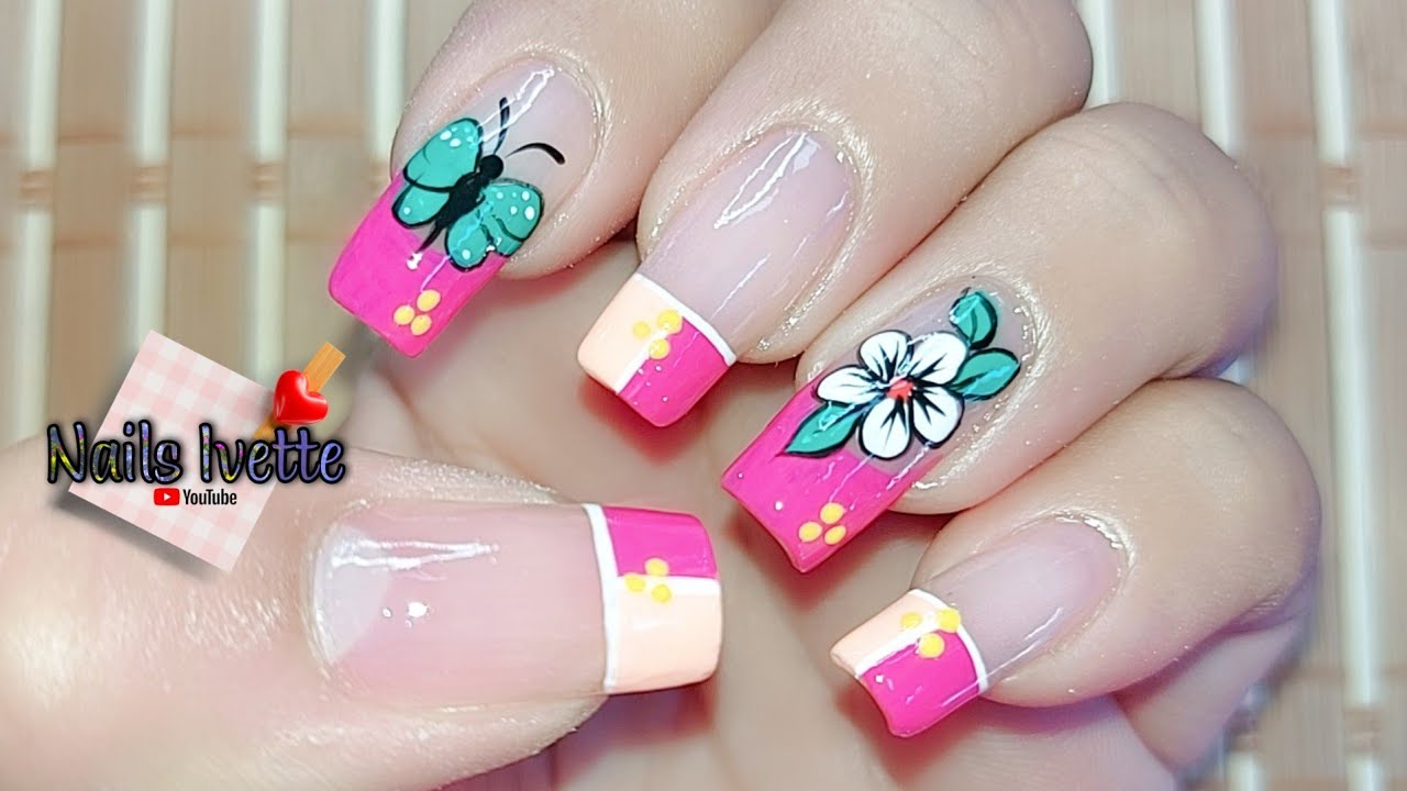 Decoración de uñas flor y mariposa / Diseño de uñas rosa / Uñas francesas coloridas / Nail Art