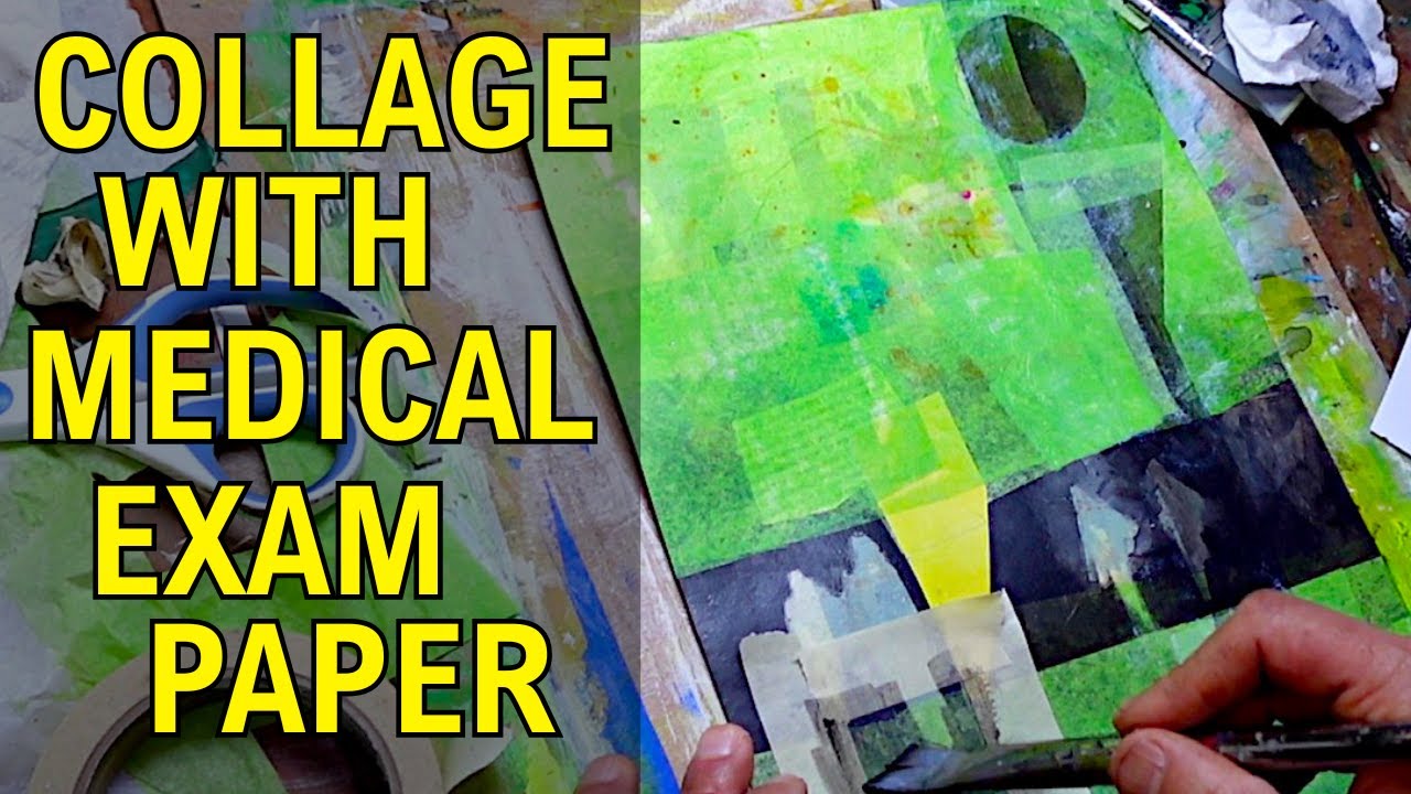 Streetscape collage painting done with medical exam paper