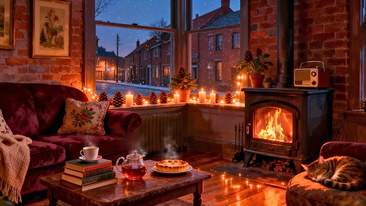 Peaceful snowy 1950s winter morning in a cozy house | Vintage oldies playing in another room