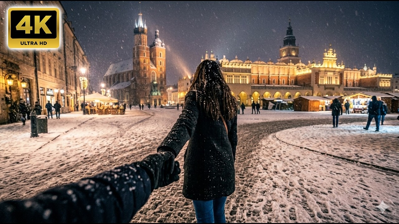 ❄️🇵🇱 Ночная прогулка по Кракову во время снегопада | Зимняя магия Старого города Кракова 4K